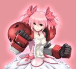 aura bow bubble_skirt choker clenched_hands collarbone dress fighting_stance fist fusion gundam gundam_age gundam_age-1_titus hair_bobbles hair_bow hair_ornament kaname_madoka magical_girl mahou_shoujo_madoka_magica mecha mecha_musume mechanical_arms nagi-kaze pink_background pink_hair red_eyes short_twintails simple_background solo twintails 