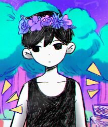  1boy ahoge arms_at_sides bare_shoulders black_eyes black_hair black_tank_top blue_flower blue_rose child chromatic_aberration closed_mouth collarbone colored_skin double-parted_bangs empty_eyes expressionless flower flower_wreath grass hair_behind_ear hair_between_eyes head_wreath highres kokomi_(aniesuakkaman) leaf male_focus no_pupils omocat_(style) omori omori_(omori) outdoors picnic_basket pink_flower pink_rose purple_flower purple_sky rose short_hair sky solo source_request tank_top third-party_source tree upper_body white_skin 