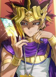  1boy atem black_hair blonde_hair cape dark-skinned_male dark_skin earrings highres jewelry male_focus millennium_puzzle monster_reborn multicolored_hair purple_cape purple_hair shirt solo spiky_hair upper_body violet_eyes white_shirt ygogy55 yu-gi-oh! yu-gi-oh!_duel_monsters 