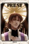  2012 bangs brown_eyes brown_hair candle cassock cross dated fate/stay_night fate_(series) halo hand_on_own_chest jewelry kotomine_kirei male necklace parted_bangs priest ribbon solo stole sun surplice yunvshen 