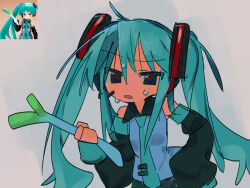  1girl black_sleeves blue_eyes blue_hair blue_necktie blue_shirt blush collared_shirt cowboy_shot detached_sleeves eezee56 furrowed_brow grey_background hair_ornament hand_on_own_hip hatsune_miku headset long_hair looking_at_viewer necktie open_mouth photo-referenced raised_eyebrow reference_inset shirt single_sleeve_past_fingers sleeveless sleeveless_shirt solo standing sweat twintails vocaloid 