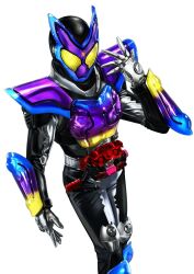 1boy armor body_armor bodysuit candy compound_eyes crank driver_(kamen_rider) food full_body grey_bodysuit henshin_belt_gavv highres jelly_bean kamen_rider kamen_rider_gavv kamen_rider_gavv_(series) looking_at_viewer male_focus masukudo_(hamamoto_hikaru) multicolored_armor purple_armor rider_belt simple_background solo thighs tokusatsu white_background yellow_eyes
