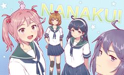  4girls :d ahoge akebono_(kancolle) arms_behind_back bandaid bandaid_on_cheek bandaid_on_face black_hair breasts brown_eyes brown_hair crab_on_head elbow_pads green_sailor_collar hair_bobbles hair_ornament hairband hand_on_own_hip highres jitome kantai_collection knee_pads large_breasts long_hair looking_at_viewer missou_shiro multiple_girls oboro_(kancolle) oboro_kai_(kancolle) pink_eyes pink_hair pleated_skirt purple_hair sailor_collar sazanami_(kancolle) school_uniform serafuku short_hair skirt smile twintails ushio_(kancolle) ushio_kai_ni_(kancolle) violet_eyes white_hairband 