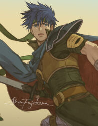  1boy armor artist_name blue_cape blue_eyes blue_hair cape commentary_request fire_emblem fire_emblem:_path_of_radiance fujikawa_arika green_hairband hairband holding holding_sword holding_weapon ike_(fire_emblem) male_focus pauldrons red_cape shoulder_armor single_pauldron solo sword two-sided_cape two-sided_fabric weapon 