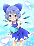  blue_eyes blue_hair blush bow cirno embarrassed hair_bow heart highres incoming_gift leaning_forward open_mouth solo touhou uta_(kuroneko) valentine wings 