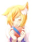  :p animal_ears blonde_hair bust dearmybrothers face fox_ears gift hands heart highres no_hat no_headwear short_hair simple_background smile solo tongue touhou valentine white_background yakumo_ran yellow_eyes 