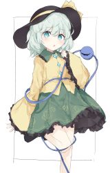  1girl :o aaegat black_hat blush bow buttons diamond_button floral_print foot_out_of_frame frilled_shirt_collar frilled_skirt frilled_sleeves frills green_eyes green_hair green_skirt hair_between_eyes hand_up hat hat_bow highres komeiji_koishi long_sleeves looking_at_viewer medium_hair open_mouth rose_print simple_background skirt sleeves_past_wrists solo third_eye touhou white_background wide_sleeves yellow_bow 