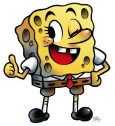 artist_name bare_arms black_eyes black_footwear brown_shorts crossover highres looking_at_viewer looking_to_the_side mario_&amp;_luigi_rpg mario_(series) masanori_sato_(style) mast3r-rainb0w nose one_eye_closed open_mouth parody shorts signature sponge spongebob_squarepants spongebob_squarepants_(character) spongebob_squarepants_(series) style_parody super_mario_bros. teeth thumbs_up tongue upper_teeth_only yellow_sponge