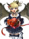 :d bad_feet blonde_hair blue_eyes bow breasts chocolate chocolate_heart choker cleavage demon_girl demon_wings dragon_maker fang fingernails frills garters gift hair_bow heart high_heels horns leg_up looking_at_viewer matsui_hiroaki nail_polish open_mouth ribbon shoes short_hair side_ponytail simple_background skirt skull smile solo thigh-highs thighhighs valentine white_legwear wings 