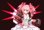  aura bow brown_background bubble_skirt choker clenched_hands collarbone dress fighting_stance fist fusion gundam gundam_age gundam_age-1_titus hair_bobbles hair_bow hair_ornament kaname_madoka magical_girl mahou_shoujo_madoka_magica mecha mecha_musume mechanical_arms nagi-kaze pink_hair red_eyes short_twintails simple_background solo twintails 