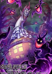  1boy ascot bat_(animal) belt black_gloves commentary_request evil_smile gecko_moria gloves horns kuroda_asaki leather_coat long_neck male_focus official_art one_piece one_piece_card_game open_mouth purple_hair sharp_teeth short_hair smile solo teeth very_long_fingernails white_ascot 