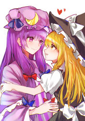  2girls absurdres back_bow black_hat black_skirt black_vest blonde_hair blue_bow blush bow braid coat collared_shirt commentary_request crescent crescent_hat_ornament cropped_torso dress eye_contact frilled_hat frills hair_bow hat hat_bow hat_ornament hat_ribbon heart highres kirisame_marisa long_hair long_sleeves looking_at_another mob_cap multiple_girls patchouli_knowledge profile puffy_short_sleeves puffy_sleeves purple_coat purple_hat red_bow ribbon rivergod shirt short_sleeves side_braid sidelocks simple_background skirt skirt_set striped_clothes striped_dress touhou vertical-striped_clothes vertical-striped_dress vest violet_eyes white_background white_bow witch_hat yellow_eyes yuri 