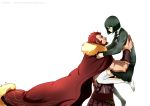  1girl armor beard blush bob_cut bow cape facial_hair fate/zero fate_(series) genderswap ggokd green_eyes green_hair highres jeran_(ggokd) lifting pleated_skirt red_eyes red_hair redhead rider_(fate/zero) short_hair simple_background skirt thigh-highs thighhighs watermark waver_velvet web_address white_background white_legwear 