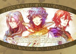  3boys copyright_name dated english_text etzel_(fire_emblem) fire_emblem fire_emblem:_radiant_dawn fire_emblem:_shadow_dragon fire_emblem:_the_sacred_stones fire_emblem_cipher fire_emblem_heroes happy_new_year hood knoll_(fire_emblem) long_hair looking_at_viewer male_focus monocle multiple_boys pelleas_(fire_emblem) ponytail purple_hair redhead takaya_tomohide 