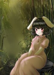  1girl animal_ears bamboo bamboo_forest black_hair blush bob_cut boulder breasts carrot_necklace closed_mouth commentary dot_mouth dress fog forest from_side grass green_background hakase_(chitama_shinryaku) hands_on_lap highres inaba_tewi jewelry light_particles light_rays looking_at_viewer looking_to_the_side nature necklace on_rock own_hands_together parted_lips path pendant pink_dress puffy_short_sleeves puffy_sleeves rabbit_ears rabbit_girl red_eyes red_trim short_hair short_sleeves sitting small_breasts solo sunbeam sunlight touhou v_arms wavy_hair 