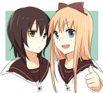  bad_id blonde_hair blue_eyes bow brown_eyes funami_yui hair_bow long_hair multiple_girls open_mouth sao_(0060) school_uniform serafuku short_hair smile thumbs_up toshinou_kyouko yuru_yuri 