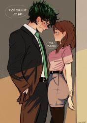  1boy 1girl aged_up belt black_belt black_jacket black_pants boku_no_hero_academia brown_hair collared_shirt english_text eye_contact formal from_side green_hair green_necktie hand_in_pocket hetero highres jacket long_hair long_sleeves looking_at_another midoriya_izuku necktie pants pink_shirt shirt short_hair short_sleeves shorts speech_bubble sunimager uraraka_ochako 