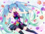  ahoge aqua_hair flower hatsune_miku highres long_hair necktie open_mouth outstretched_arm petals purple_eyes skirt solo tell_your_world_(vocaloid) thigh-highs thighhighs twintails very_long_hair violet_eyes vocaloid yamaneko514 