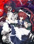  claws closed_eyes dress eyes_closed glowing glowing_eyes hair_bobbles hair_ornament kazeharu onozuka_komachi over_shoulder red_eyes red_hair redhead scythe short_hair skeleton skull solo touhou twintails weapon 