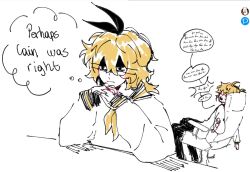  1boy 1girl ahoge aqua_nails black_bow black_eyes black_pants black_sailor_collar blonde_hair bow brother_and_sister chair closed_eyes complaining elbow_rest gaming_chair hair_bow head_rest interlocked_fingers kagamine_len kagamine_rin long_sleeves medium_hair messy mikurinkuwu neckerchief pants sailor_collar sailor_shirt shaded_face shirt short_ponytail siblings sketch squiggle_eyes swivel_chair twins u_u v-shaped_eyebrows vocaloid wavy_hair yellow_neckerchief 