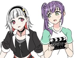  2girls :d aqua_sleeves black_choker black_hairband black_jacket black_shirt blush bob_cut choker clapperboard collarbone colored_inner_hair commentary_request cropped_jacket cropped_shirt diagonal_bangs green_eyes grey_hair gym_shirt hair_bun hairband holding inverted_bob jacket link!_like!_love_live! llkapital long_hair love_live! midriff multicolored_hair multiple_girls official_alternate_costume open_clothes open_jacket open_mouth otomune_kozue proof_(love_live!) purple_hair red_eyes redhead shirt short_hair side_ponytail sidelocks simple_background single_side_bun smile split_mouth star_(symbol) star_choker star_hairband streaked_hair upper_body virtual_youtuber white_background white_shirt yugiri_tsuzuri 