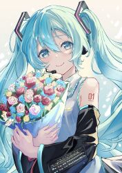  1girl absurdres birthday black_skirt black_sleeves blue_eyes blue_nails blue_trim bouquet detached_sleeves fingernails flower hatsune_miku headphones highres holding holding_bouquet long_hair no_renor_en red_flower red_rose rose shirt simple_background skirt sleeveless sleeveless_shirt smile solo twintails vocaloid white_background white_shirt 