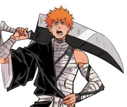  1boy absurdres arm_out_of_sleeve bandaged_arm bandaged_chest bandages bandaid bandaid_on_face black_kimono bleach commentary english_commentary gabriel_picolo highres holding holding_sword holding_weapon japanese_clothes kimono kurosaki_ichigo looking_at_viewer male_focus open_mouth orange_eyes orange_hair sash simple_background solo sword weapon white_background white_sash zangetsu_(shikai) 