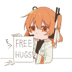  1girl a.i._voice adachi_rei black_shirt closed_mouth free_hugs hair_ribbon headset holding holding_sign jacket kuuurusuke long_sleeves looking_at_viewer one_side_up open_clothes open_jacket orange_eyes orange_hair ribbon shirt sign simple_background solo upper_body utau white_background white_jacket white_ribbon 