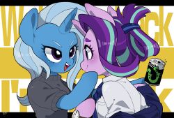  2girls alternate_hairstyle animal_ears aqua_hair blue_hair blue_skin blush can colored_skin furry furry_female grey_sweater hairstyle_request hand_on_another&#039;s_face highres hooves horns horse_ears letterboxed long_hair mamechi_(potetecyu_to) multicolored_hair multiple_girls my_little_pony my_little_pony:_friendship_is_magic open_mouth personification purple_hair purple_skin shirt single_horn smile starlight_glimmer streaked_hair sweater trixie_lulamoon turtleneck turtleneck_sweater unicorn_girl violet_eyes watch watch white_shirt yuri 
