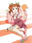  backpack bag bakemonogatari blue_eyes brown_hair cosplay footwear hachikuji_mayoi hachikuji_mayoi_(cosplay) highres idolmaster monogatari_(series) orange_hair parody photoshop randoseru shoe_dangle shoes shotarou socks solo takatsuki_yayoi twintails 