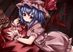  :&lt; ascot bat_wings blue_hair bow box brooch chocolate dress hat hat_bow izumi_yuuji_(trace_kouhosei) jewelry looking_at_viewer lying on_stomach red_eyes remilia_scarlet ribbon short_hair short_sleeves solo striped striped_background touhou translated translation_request wings wrist_cuffs 