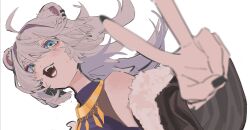  1girl 87yanagi ahoge animal_ears bare_shoulders black_jacket blue_eyes blurry blurry_background blurry_foreground blush breasts coat commentary_request depth_of_field earrings fangs fur-trimmed_coat fur-trimmed_jacket fur_trim grey_hair hair_between_eyes highres hololive jacket jewelry lion_ears lion_girl long_hair looking_at_viewer off_shoulder open_mouth outstretched_arm outstretched_hand reaching reaching_towards_viewer shishiro_botan shishiro_botan_(1st_costume) simple_background smile solo v virtual_youtuber white_background 