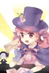  bangs blunt_bangs bonnet brooch cape closed_eyes conundrum crescent_conundrum dandel22 earrings eyes_closed flower frills gloves hands_clasped hat holding jewelry lowres multiple_girls open_mouth pink_eyes pink_hair ribbon sign sign_holding smile sword_girls teeth top_hat white_hair 