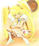  blonde_hair boots bow closed_eyes cure_sunshine eyes_closed flower heartcatch_precure! long_hair magical_girl myoudouin_itsuki precure puffy_sleeves ribbon smile solo squatting sunflower twintails tyuraba yellow yellow_background 