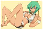  aquarion_(series) aquarion_evol barefoot breasts cleavage cleavage_cutout feet green_hair gus_(clarkii) legs midriff navel purple_eyes short_hair short_shorts shorts solo toes violet_eyes zessica_wong 