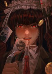  1girl absurdres brown_hair brown_jacket card celestia_ludenberg center_frills collared_shirt danganronpa:_trigger_happy_havoc danganronpa_(series) earrings frills gothic_lolita headdress highres holding holding_card jacket jewelry joker_(playing_card) kirigiri_kyoko lolita_fashion naegi_makoto necktie peekapooh playing_card red_eyes red_necktie shirt solo teeth togami_byakuya upper_body white_shirt 