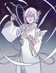  1girl bankai bleach bleach:_sennen_kessen-hen cowboy_shot crystal_sword detached_sleeves english_commentary gabriel_picolo gradient_background hair_between_eyes hair_ornament hakka_no_togame_(bankai) highres holding holding_sword holding_weapon kuchiki_rukia parted_lips short_hair solo sword violet_eyes weapon white_eyes white_hair 