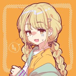  1girl aged_down black_ribbon blonde_hair blush braid breasts fang from_side fujita_kotone gakuen_idolmaster green_jacket hair_ornament hair_ribbon hairclip hand_up highres idolmaster jacket kuroi_mimei long_hair long_sleeves looking_at_viewer nervous_smile open_mouth orange_background portrait ribbon shirt single_off_shoulder skin_fang small_breasts smile solo speech_bubble sweatdrop twin_braids yellow_eyes yellow_shirt 