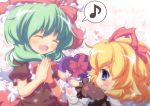  blonde_hair blush box brown_dress child closed_eyes dress gift gift_box green_hair hair_ribbon hands_together heart kagiyama_hina medicine_melancholy multiple_girls musical_note nullpooo open_mouth outstretched_arms ribbon smile touhou valentine 