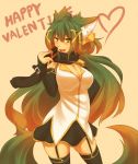  animal_ears black_gloves black_legwear breasts cleavage elbow_gloves english fang garter_straps gift gloves green_eyes green_hair hair_ornament hair_ribbon hairclip happy_valentine heart holding kuromiya kuromiya_raika long_hair open_mouth original ribbon scarf simple_background skirt smile solo thigh-highs thighhighs valentine wristband 