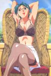  armpits arms_up chair crossed_legs earrings garter_straps glasses green_eyes green_hair highres jewelry legs_crossed lingerie lipstick makeup navel open_mouth outdoors randou_serika short_hair sitting solo super_real_mahjong thigh-highs thighhighs underwear 