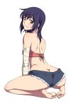  asakura_sakura ass bakemonogatari bandage bandages bare_legs bare_shoulders barefoot black_hair brown_eyes butt_crack cutoffs denim denim_shorts feet highres kanbaru_suruga looking_at_viewer looking_back monogatari_(series) nisemonogatari short_shorts shorts simple_background sitting smile soles solo tubetop white_background 