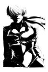  1girl breasts cleavage earrings hair_over_eyes jewelry king_of_fighters large_breasts long_hair monochrome ponytail s_tanly shermie snk solo 
