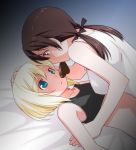  bare_shoulders blonde_hair blue_eyes brown_eyes brown_hair bust chocolate chocolate_heart collarbone erica_hartmann gertrud_barkhorn girl_on_top hand_in_hair heart lying mouth_hold multiple_girls on_back short_hair sports_bra strike_witches twintails umekichi valentine yellow_eyes yuri 