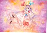  blush crescent dress floating frills hat long_hair mary_janes mosho patchouli_knowledge purple_eyes purple_hair ribbon shoes solo touhou traditional_media violet_eyes watercolor_(medium) 