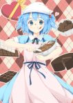  :q apron argyle argyle_background blue_eyes blue_hair bow bowl box cake chocolate chocolate_bar chocolate_cake food food_on_face hair_bobbles hair_ornament head_scarf heart highres kawashiro_nitori polka_dot short_twintails sleeves_rolled_up solo spatula takoyaki1116 tongue touhou twintails two_side_up 