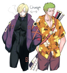  2boys blonde_hair cigarette collared_shirt cosplay costume_switch cropped_legs curly_eyebrows floral_print green_hair hair_over_one_eye hand_in_pocket hawaiian_shirt jacket looking_to_the_side multiple_boys muscular muscular_male official_alternate_costume one_piece orange_shirt purple_jacket roronoa_zoro sanji_(one_piece) scar scar_across_eye shirt short_hair shorts simple_background skin_tight sword urano weapon white_background 