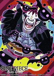  1boy arms_up ascot bananajerky bat_(animal) belt black_coat coat commentary_request copyright_name from_above gecko_moria gloves horns looking_at_viewer male_focus official_art one_piece one_piece_card_game open_mouth purple_hair sharp_teeth smile solo teeth 