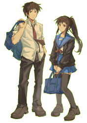  1boy 1girl absurdres bag black_thighhighs blue_sailor_collar blue_skirt breast_pocket brown_cardigan brown_footwear brown_hair brown_pants cardigan collarbone collared_shirt commentary_request dual_persona full_body genderswap genderswap_(mtf) height_difference highres holding holding_bag kita_high_school_uniform kyon kyonko loafers long_hair long_sleeves necktie open_cardigan open_clothes pants pocket ponytail red_necktie red_ribbon ribbon sailor_collar school_bag school_uniform serafuku shirt shoes short_hair sidelocks simple_background skirt sleeves_rolled_up standing suzumiya_haruhi_no_yuuutsu tatsuki_kurisu thigh-highs white_background white_shirt winter_uniform zettai_ryouiki 