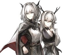  2girls absurdres alina_(arknights) animal_ears antlers arknights ascot black_ascot black_cape black_shirt blue_eyes braid cape cowboy_shot deer_antlers deer_ears deer_girl dragon_horns dress epaulettes grey_eyes grey_hair hair_between_eyes highres horns long_hair long_sleeves looking_at_viewer multiple_girls shirt short_hair sikadi_shigaoshou simple_background single_epaulette smile talulah_(arknights) talulah_the_fighter_(arknights) white_shirt 